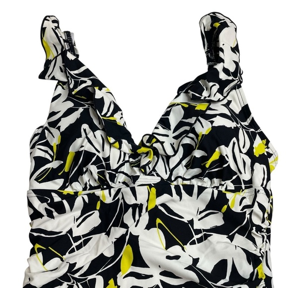 DKNY Ruffle Neck One Piece Swimsuit Fluro Yellow Multi Black Small New - Picture 3 of 8
